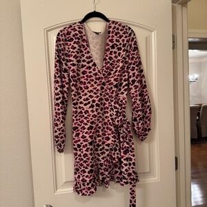 Bloomingdale’s Aqua ruffle wrap leopard dress